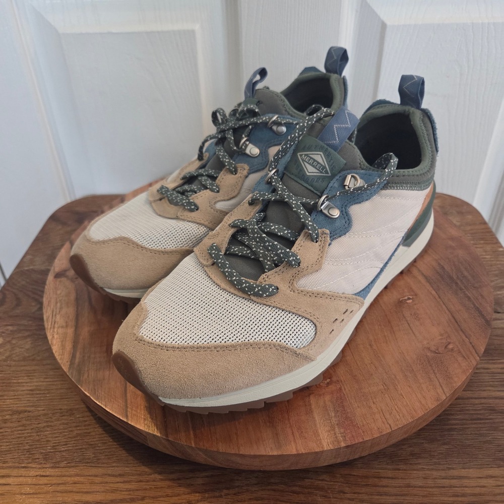 Merrell Alpine Sneaker Men 9.5 Multi Color Tan Blue Green Outdoor Shoes Gorpcore